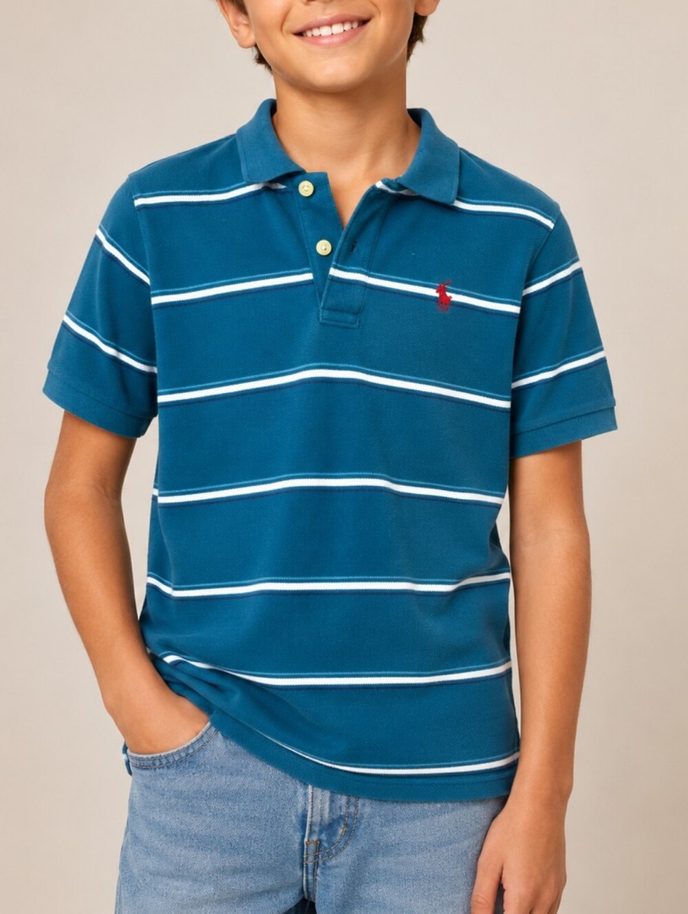Abercrombie Boys Small Blue White Striped Short Sleeve Cotton Pique Polo Y2K Era
